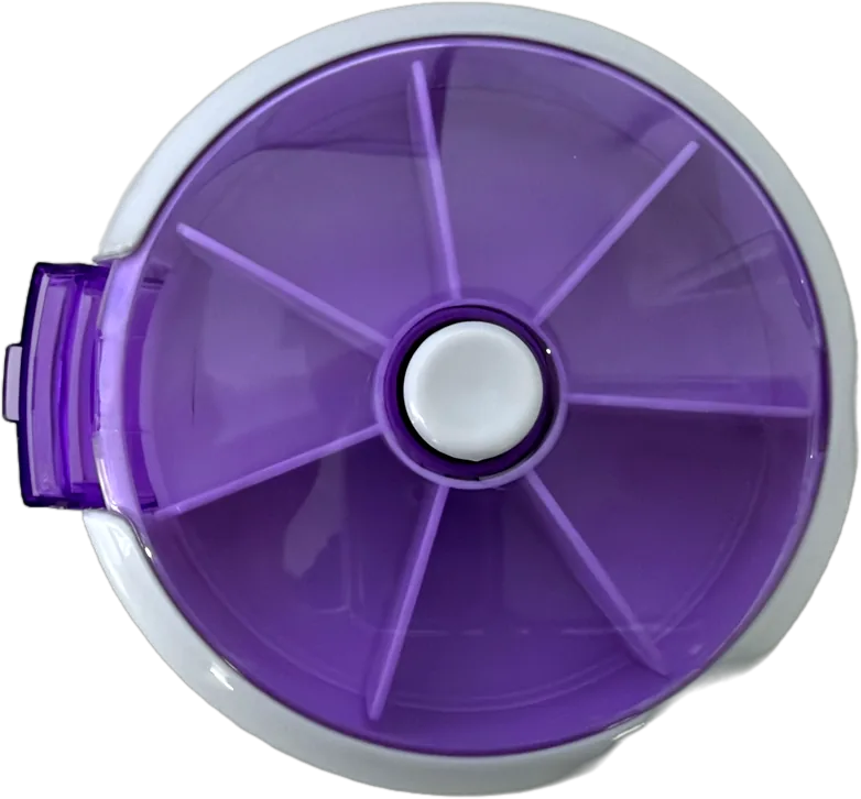 The DoseTrack Organiser, a seven-chamber rotary pill container.