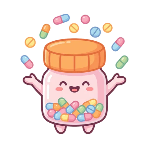 Milli, the DoseTrack mascot, a smiling pill bottle.