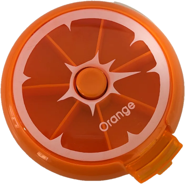 The DoseTrack Organiser in orange, with its printed citrus lid.