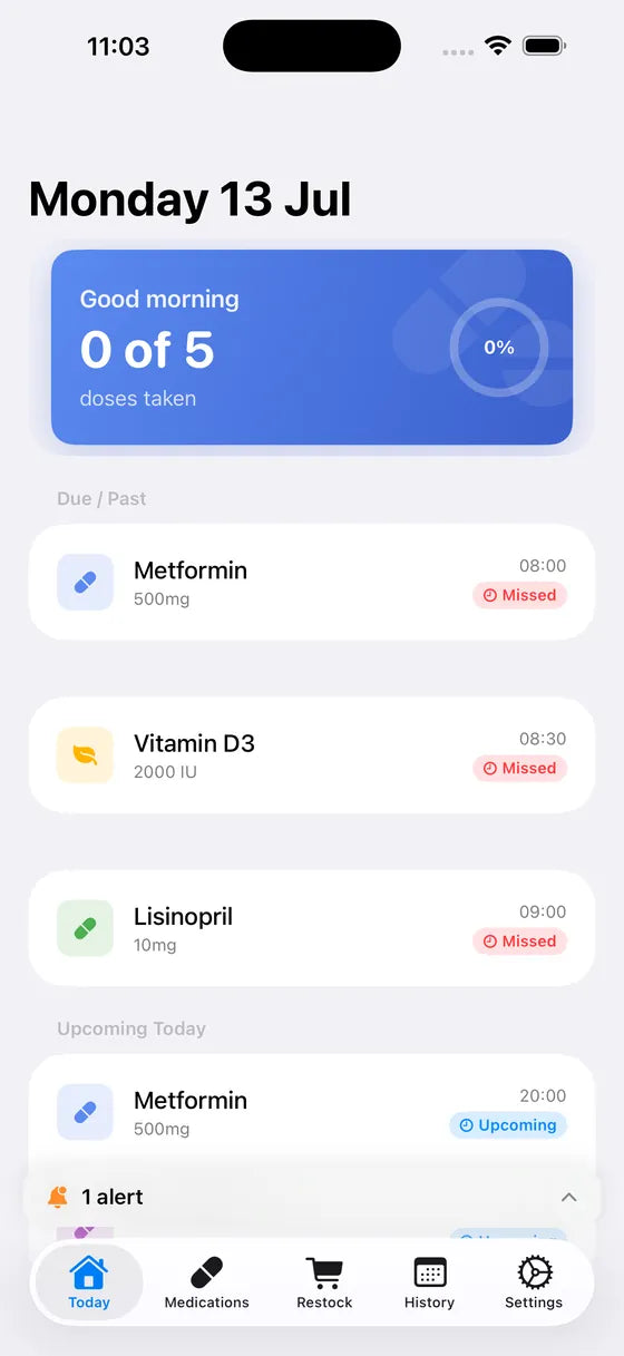 The DoseTrack Today screen showing today's doses and an adherence ring.